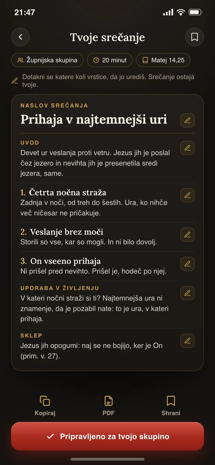 Pripravljeno srečanje: naslov, uvod, tri točke, uporaba v življenju in sklep